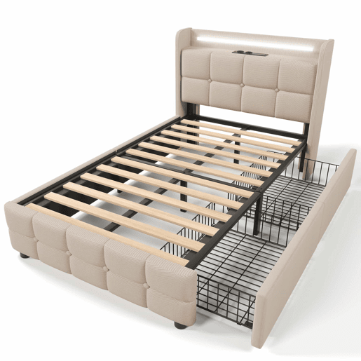 Cama estofada 90x200cm em linho - com LED e portas de carregamento USB - 2 gavetas - Bege