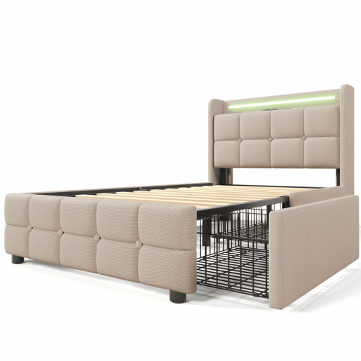 Cama estofada 90x200cm em linho - com LED e portas de carregamento USB - 2 gavetas - Bege
