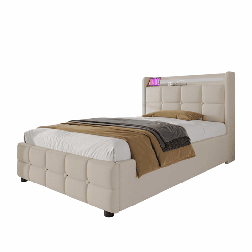 Cama estofada 90x200cm em linho - com LED e portas de carregamento USB - 2 gavetas - Bege