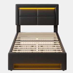Cama em pele sintética com gavetas 90x200 cm - com LED e portas de carregamento (com e sem fios) - Preto