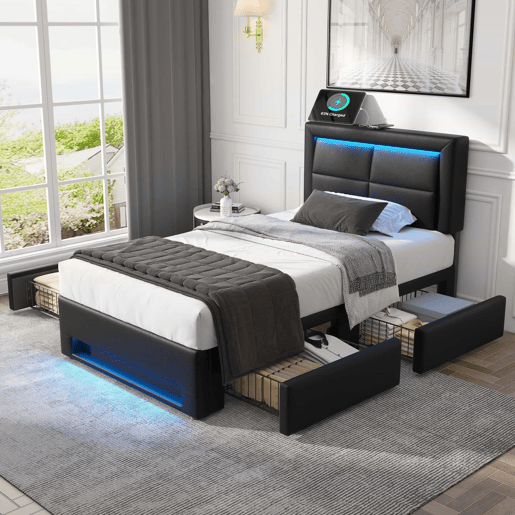 Cama em pele sintética com gavetas 90x200 cm - com LED e portas de carregamento (com e sem fios) - Preto