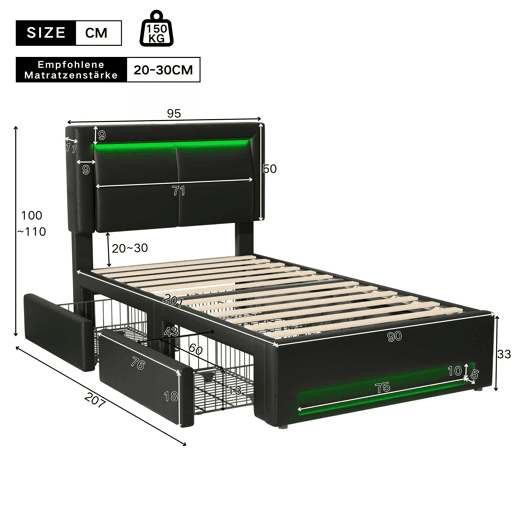 Cama em pele sintética com gavetas 90x200 cm - com LED e portas de carregamento (com e sem fios) - Preto