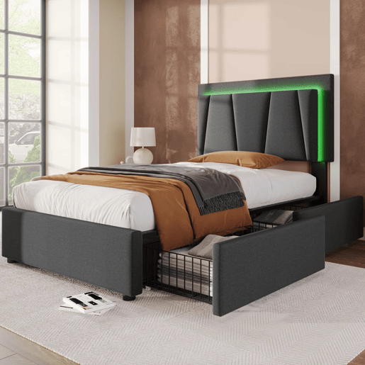 Cama estofada 90x200cm em linho - com 2 gavetas + LED + estrado - Cinzento