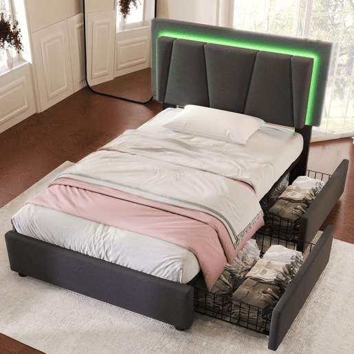 Cama estofada 90x200cm em linho - com 2 gavetas + LED + estrado - Cinzento