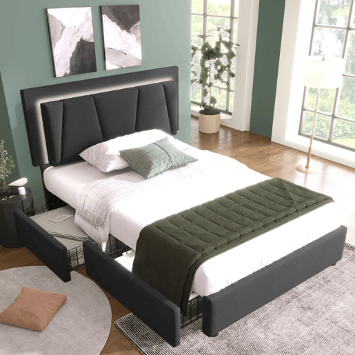 Cama estofada 90x200cm em linho - com 2 gavetas + LED + estrado - Cinzento