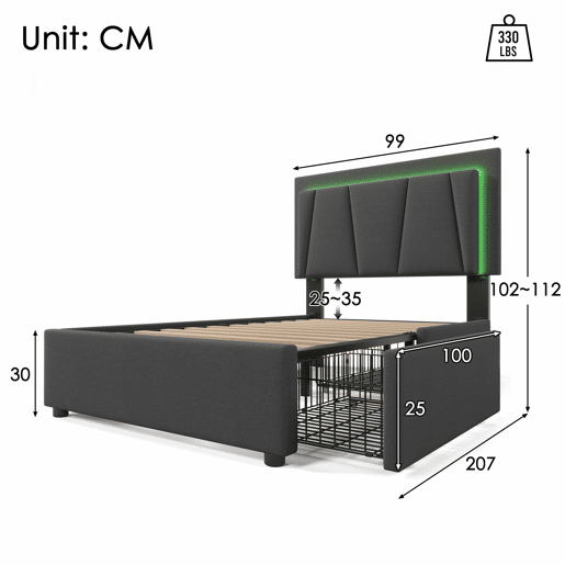 Cama estofada 90x200cm em linho - com 2 gavetas + LED + estrado - Cinzento
