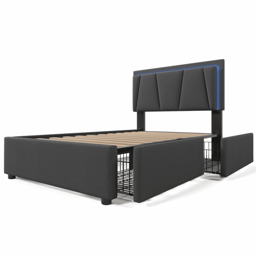 Cama estofada 90x200cm em linho - com 2 gavetas + LED + estrado - Cinzento