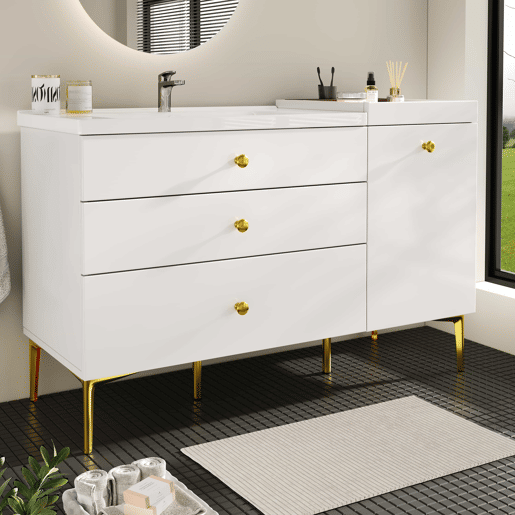 Móvel de casa de banho de 91,5 cm u2013 com lavatório em cerâmica, gavetas e armário, design moderno u2013 branco Móvel de casa de banho de 91,5 cm u2013 com lavatório em cerâmica, gavetas e armário, design moderno u2013 branco