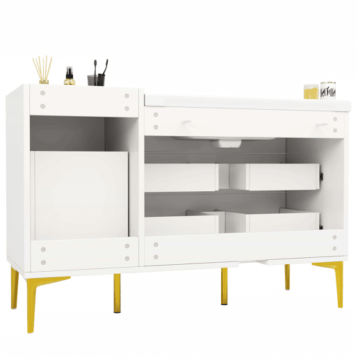 Móvel de casa de banho de 91,5 cm u2013 com lavatório em cerâmica, gavetas e armário, design moderno u2013 branco Móvel de casa de banho de 91,5 cm u2013 com lavatório em cerâmica, gavetas e armário, design moderno u2013 branco