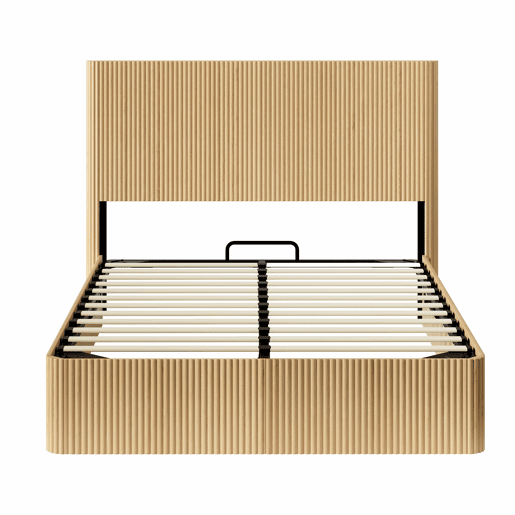 Cama moderna 140x200 cm - Design com ranhuras, sistema de elevação hidráulico, amplo espaço de arrumação - Carvalho claro