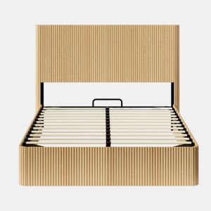 Cama moderna 140x200 cm - Design com ranhuras, sistema de elevação hidráulico, amplo espaço de arrumação - Carvalho claro