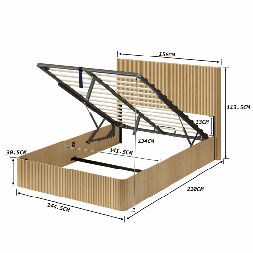 Cama moderna 140x200 cm - Design com ranhuras, sistema de elevação hidráulico, amplo espaço de arrumação - Carvalho claro