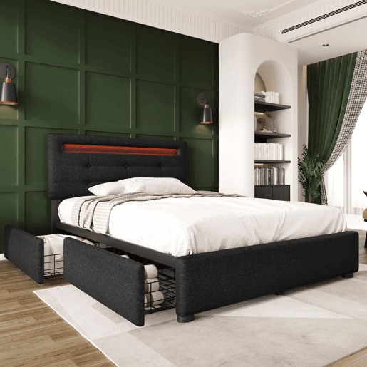 Cama contentora para roupa de cama com LED 90x200 cm + 2 gavetas + estrado - Preto