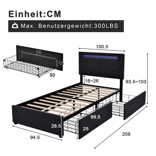 Cama contentora para roupa de cama com LED 90x200 cm + 2 gavetas + estrado - Preto