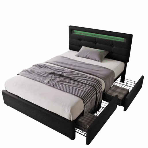 Cama contentora para roupa de cama com LED 90x200 cm + 2 gavetas + estrado - Preto