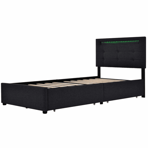 Cama contentora para roupa de cama com LED 90x200 cm + 2 gavetas + estrado - Preto