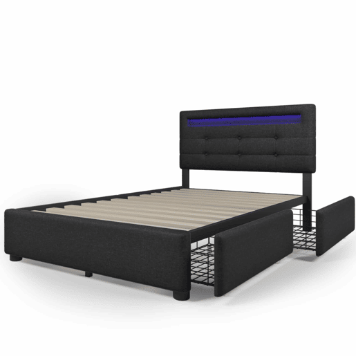 Cama contentora para roupa de cama com LED 90x200 cm + 2 gavetas + estrado - Preto
