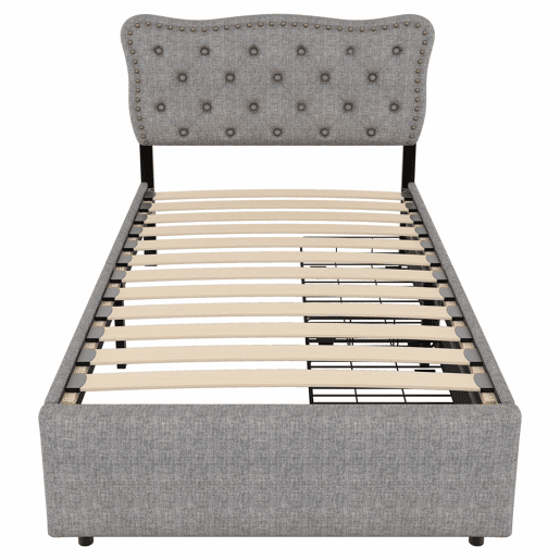 Cama estofada em tecido de linho com 2 gavetas - 90x200 cm - cabeceira decorada com rebites - Cinzento