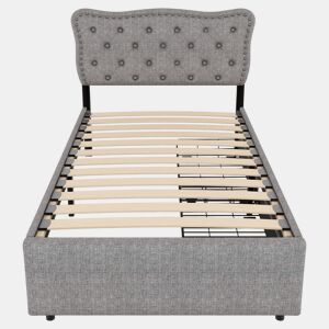 Cama estofada em tecido de linho com 2 gavetas - 90x200 cm - cabeceira decorada com rebites - Cinzento