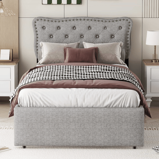 Cama estofada em tecido de linho com 2 gavetas - 90x200 cm - cabeceira decorada com rebites - Cinzento