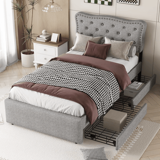 Cama estofada em tecido de linho com 2 gavetas - 90x200 cm - cabeceira decorada com rebites - Cinzento