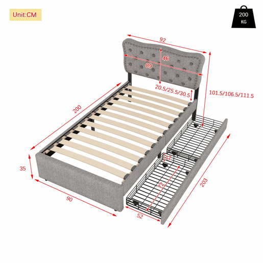 Cama estofada em tecido de linho com 2 gavetas - 90x200 cm - cabeceira decorada com rebites - Cinzento