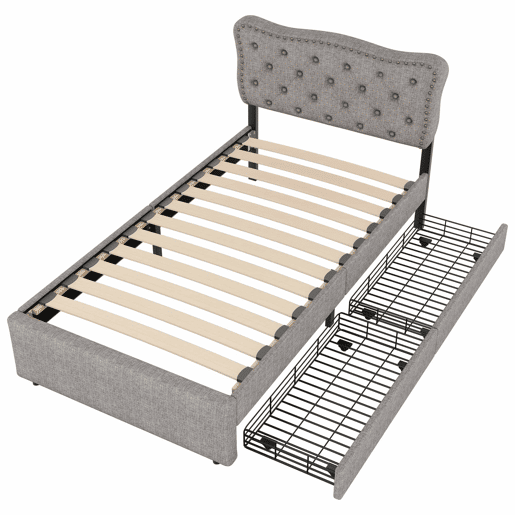 Cama estofada em tecido de linho com 2 gavetas - 90x200 cm - cabeceira decorada com rebites - Cinzento