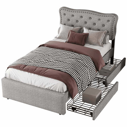Cama estofada em tecido de linho com 2 gavetas - 90x200 cm - cabeceira decorada com rebites - Cinzento