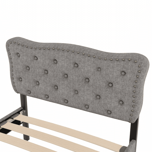 Cama estofada em tecido de linho com 2 gavetas - 90x200 cm - cabeceira decorada com rebites - Cinzento