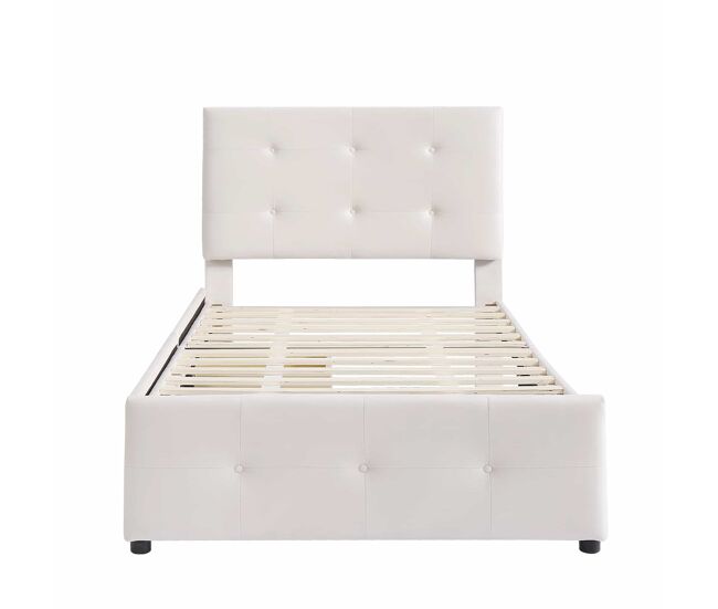 Cama tapizada de terciopelo 90x200cm - cama individual con 2 cajones y somier - beige