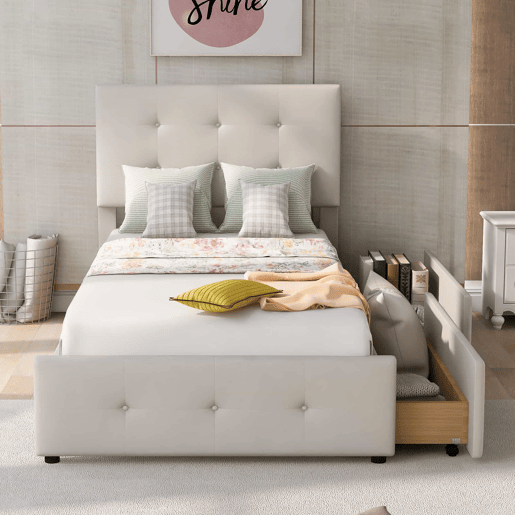 Cama estofada em veludo 90x200cm - cama individual com 2 gavetas e estrado de molas - Bege