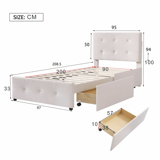 Cama estofada em veludo 90x200cm - cama individual com 2 gavetas e estrado de molas - Bege