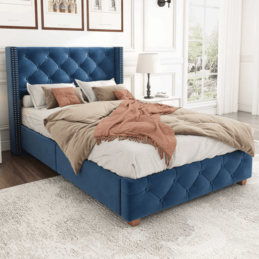 Cama estofada 90*200 - cabeceira acolchoada com botões e tachas, estrado de madeira - Azul