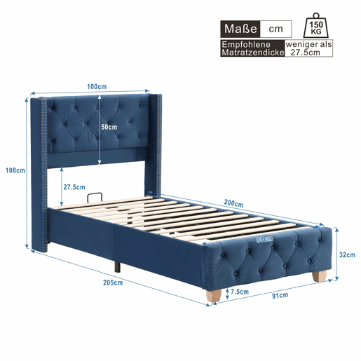 Cama estofada 90*200 - cabeceira acolchoada com botões e tachas, estrado de madeira - Azul