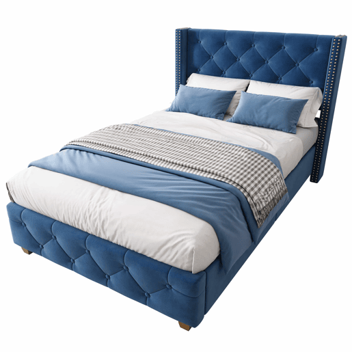 Cama estofada 90*200 - cabeceira acolchoada com botões e tachas, estrado de madeira - Azul