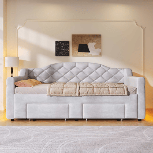 Cama embutida estofada 90x200-180x200 cm - com 2 gavetas e LED - cinzenta