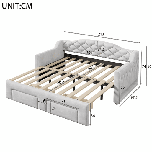Cama embutida estofada 90x200-180x200 cm - com 2 gavetas e LED - cinzenta