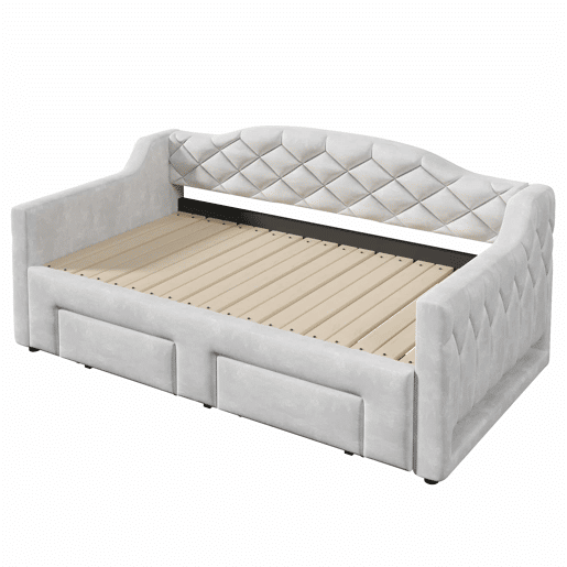 Cama embutida estofada 90x200-180x200 cm - com 2 gavetas e LED - cinzenta