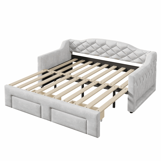 Cama embutida estofada 90x200-180x200 cm - com 2 gavetas e LED - cinzenta