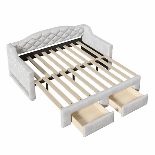 Cama embutida estofada 90x200-180x200 cm - com 2 gavetas e LED - cinzenta