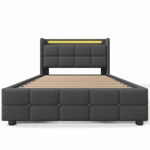 Cama estofada 90x200cm em linho - com LED e portas de carregamento USB - 2 gavetas - Cinzento