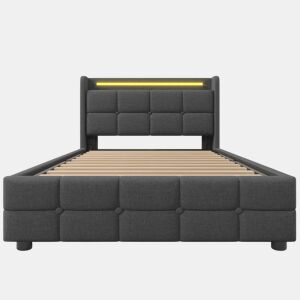 Cama estofada 90x200cm em linho - com LED e portas de carregamento USB - 2 gavetas - Cinzento