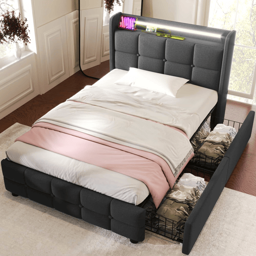 Cama estofada 90x200cm em linho - com LED e portas de carregamento USB - 2 gavetas - Cinzento