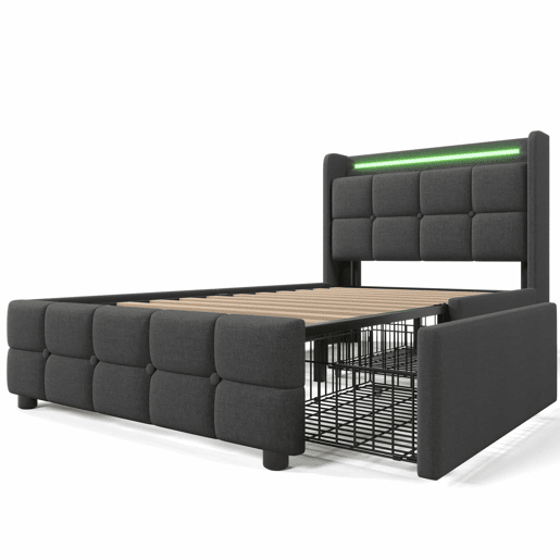 Cama estofada 90x200cm em linho - com LED e portas de carregamento USB - 2 gavetas - Cinzento