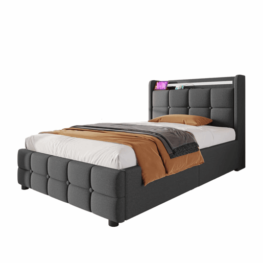 Cama estofada 90x200cm em linho - com LED e portas de carregamento USB - 2 gavetas - Cinzento