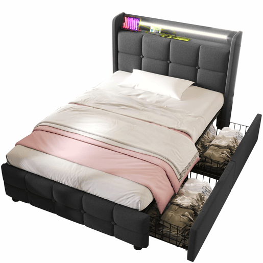 Cama estofada 90x200cm em linho - com LED e portas de carregamento USB - 2 gavetas - Cinzento