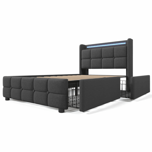 Cama estofada 90x200cm em linho - com LED e portas de carregamento USB - 2 gavetas - Cinzento
