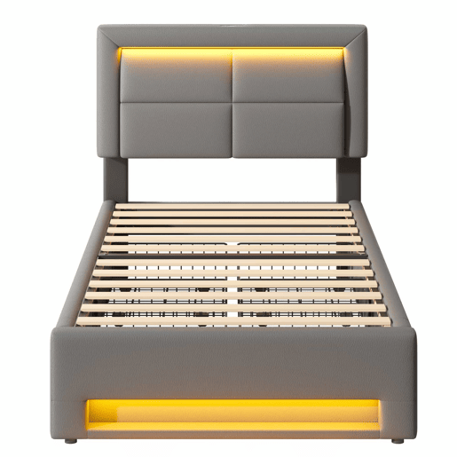 Cama estofada 90x190 cm - com porta USB, carregamento sem fios e com fios, LED e quatro gavetas - Cinza Cama estofada 90x190 cm - com porta USB, carregamento sem fios e com fios, LED e quatro gavetas - Cinza