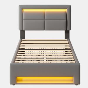 Cama estofada 90x190 cm - com porta USB, carregamento sem fios e com fios, LED e quatro gavetas - Cinza
