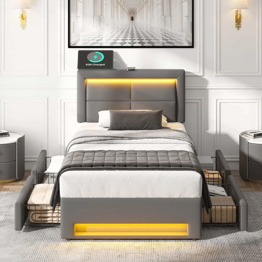 Cama estofada 90x190 cm - com porta USB, carregamento sem fios e com fios, LED e quatro gavetas - Cinza Cama estofada 90x190 cm - com porta USB, carregamento sem fios e com fios, LED e quatro gavetas - Cinza